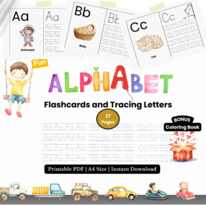 Alphabet Flashcard & Tracing Letter Printable | A4 Landscape PDF | Handwriting Practice
