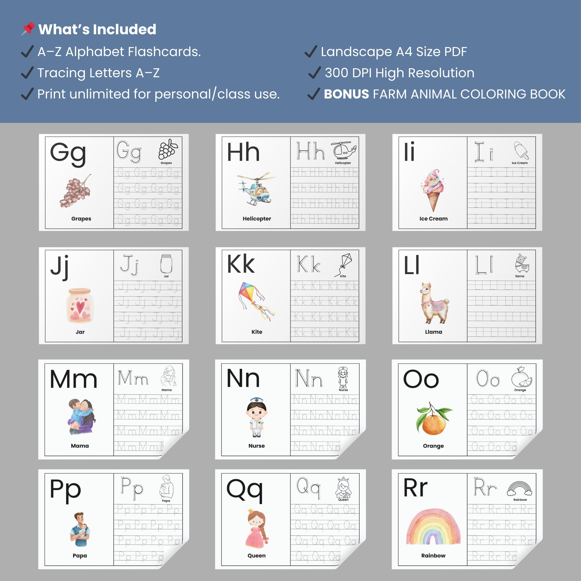 Alphabet Flashcard & Tracing Letters | Watercolor Style | A4 Landscape PDF